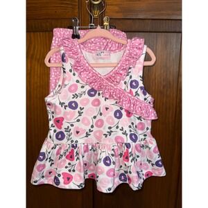 Pete Lucy Girls 2T Pink Floral Heart Peplum Top and Ruffle Pants Set